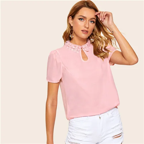 SHEIN Элегантный Топ С Кружевом И Застежкой Офисная Женская Однотонная Блузка С Пышными Рукавами - Цвет: Розовый