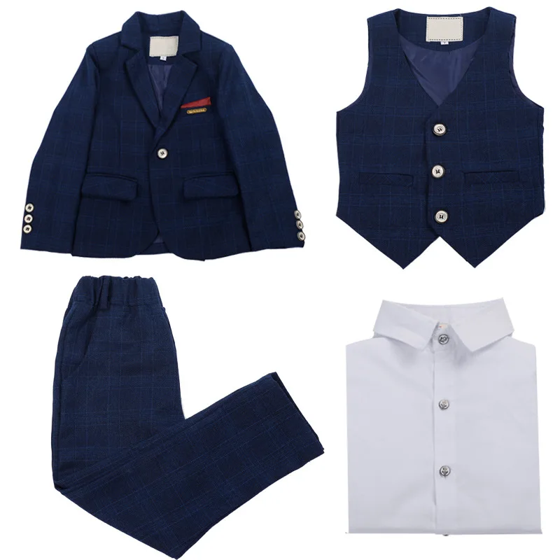blue 4pcs Формальный детский бархатный костюм; комплект одежды с цветочным узором для мальчиков; нарядное платье для выступлений на фортепиано; детский смокинг; жилет; брюки; рубашки - Цвет: blue 4pcs