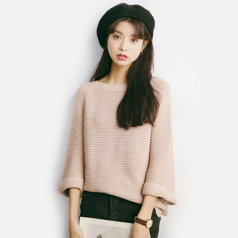 sweater women autumn and winter short design Loose stretchable V-neck knit sweaters young girl black pink pullovers A615 | Женская