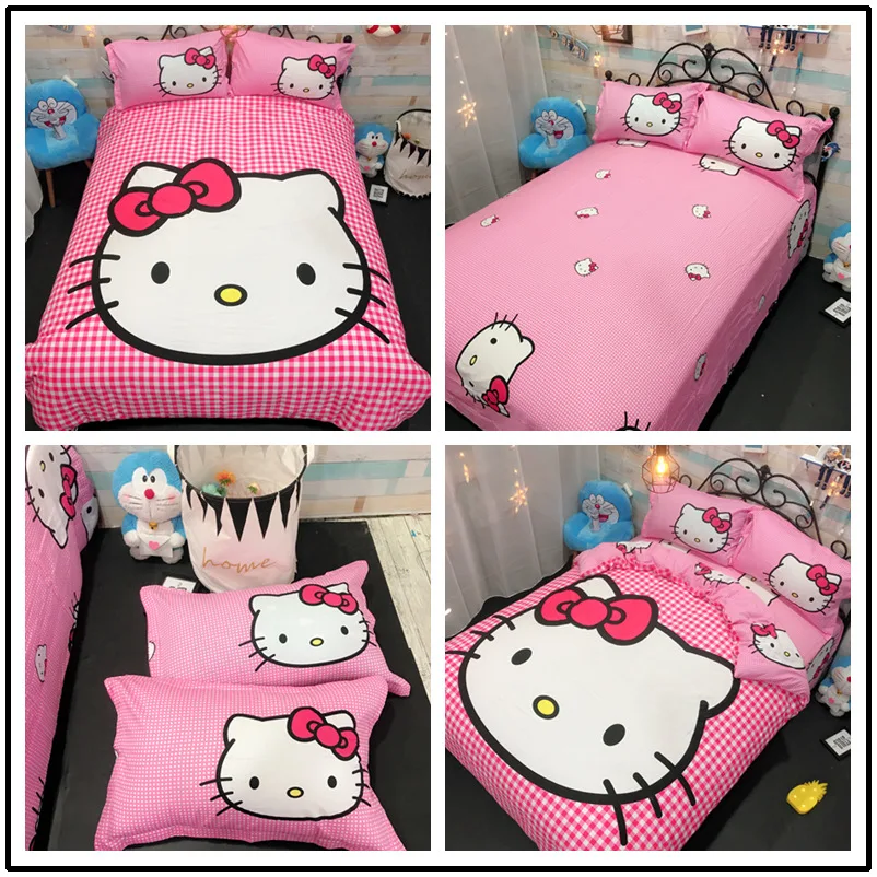 Hello kitty Милый хлопковый Детский Комплект постельного белья, простыня фиолетового цвета, мультяшная девочка KT, 4 шт., милые пододеяльники и одеяла, розовый цвет