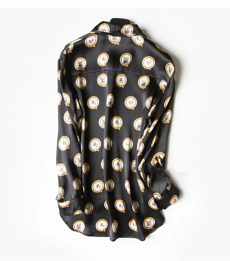 100% натуральный шелк блузки кошка принт длинный рукав Блузка Топы Для Женская