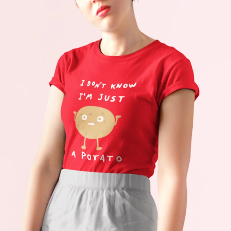 Футболка с героями мультфильмов Kawaii, Забавные топы с рисунком картофеля I Don't Know Humor, футболка с круглым вырезом для девочек мягкая хлопковая дышащая футболка с короткими рукавами