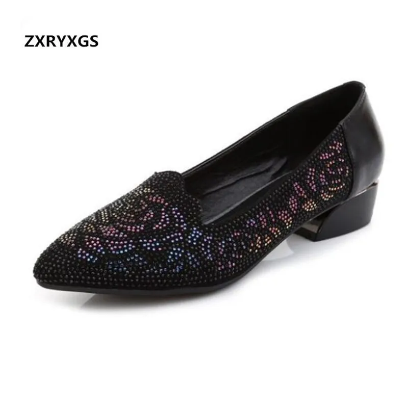 

Женские туфли со стразами, удобные нескользящие туфли на низком каблуке, с острым носком, обувь для банкета, осень 2019