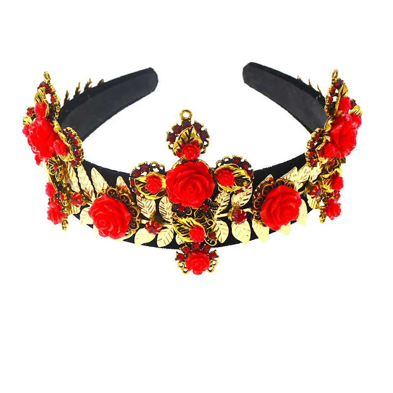Retro Palace Baroque Crown Gold Leaves Wide Cross Headband Rose Flower Velvet Headdress For Women Bride Wedding Hair Accessories | Украшения