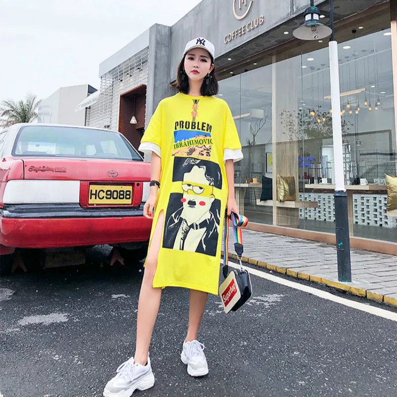 Vefadisa Character Pattern Print Dress 2018 Robe Femme Ribbon Decoration Women Asymmetric Plus Size Split AD1804 | Женская одежда