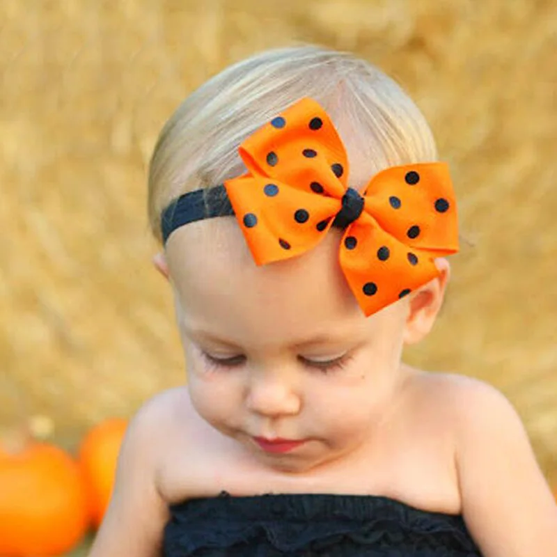 PPCrafts Halloween Orange Bow Dot Ribbon Elastic Hairband For Holiday Party Cute Girls Kids Headwear Accessories |