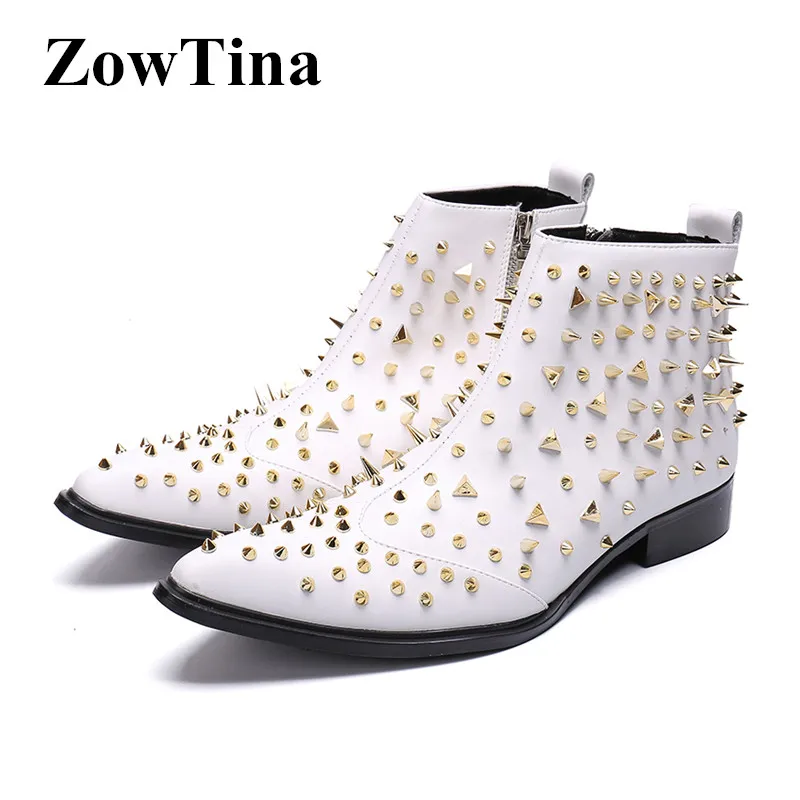 

White Real Leather Men Short Boots Handmade Rivets Military Winter Booties Pointed Toe Spike Big Size 46 Work Bota Masculino