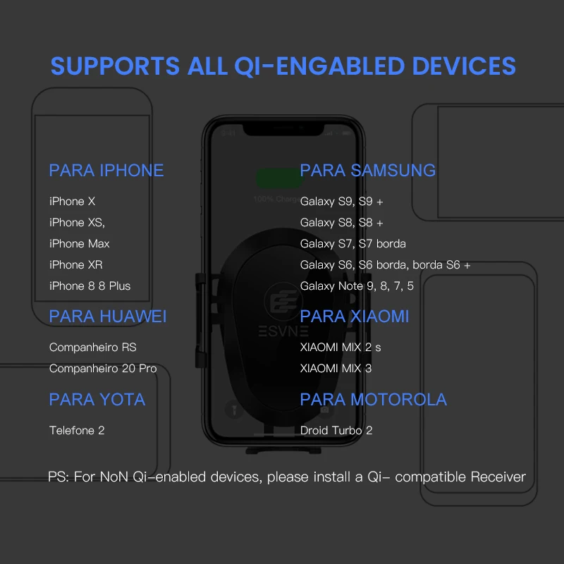 ESVNE автомобильное беспроводное зарядное устройство для iphone 8 X XS XR samsung xiaomi qi