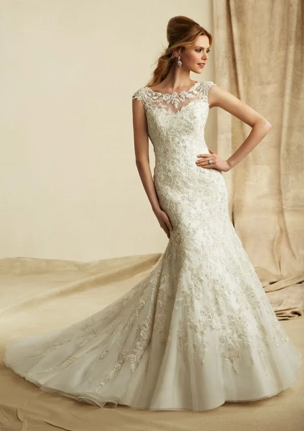 Hot Sale Bateau Neck Cap Sleeves Open Back Rhinestone Ivory Lace Mermaid Wedding Dresses Bridal Gowns | Свадьбы и торжества
