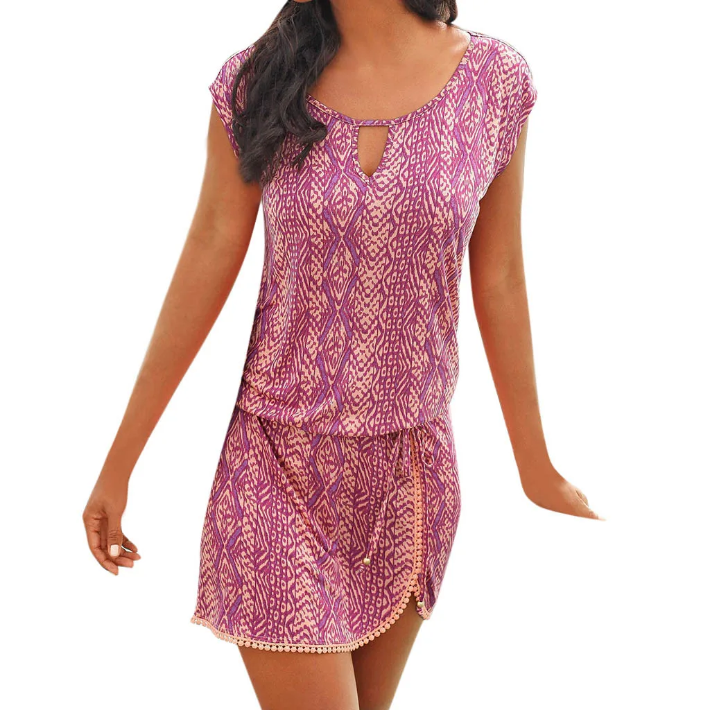 Для женщин с принтом и круглым вырезом короткими рукавами платья кисточками