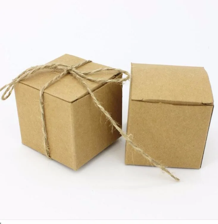 Free shipping 100pcs/lot Square Kraft Paper Box With Jute Tie Gift Candy Boxes Wedding Party Favor 5*5*5cm | Дом и сад