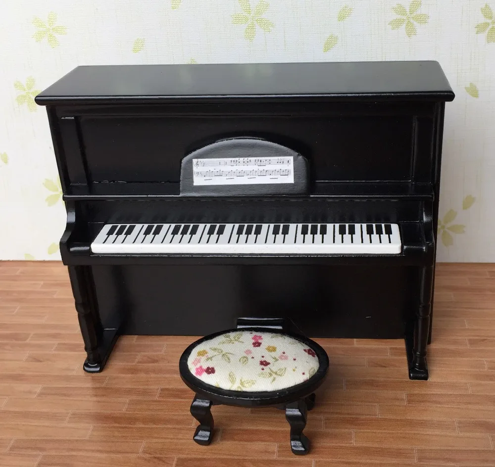 1/12 Dollhouse Миниатюрные инструмент фортепиано w/табурет черный Кукольный