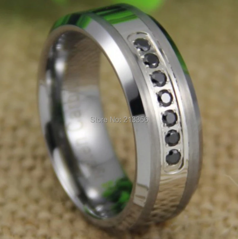 

Free Shipping USA UK CANADA RUSSIA Brazil Hot Selling 8MM With 7pcs Black CZ Stones Silver Bevel The Lord Tungsten Wedding Ring
