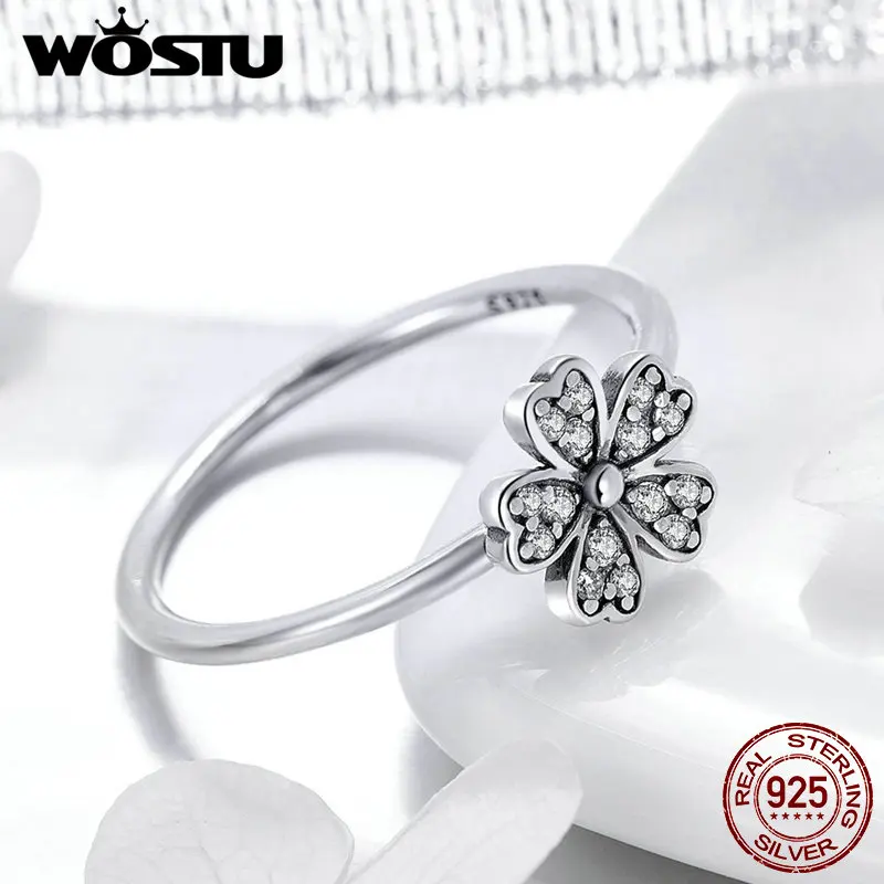 Женское кольцо WOSTU из серебра 925 пробы с прозрачным кристаллом и ромашкой для