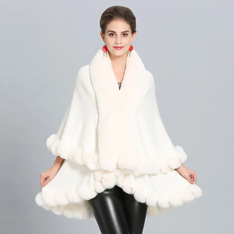 2018 Winter Warm Fake Fox Fur Long Knitted 2 Layer Solid Poncho Cape Cloak Oversize Sweater Women European Cardigan Coat |