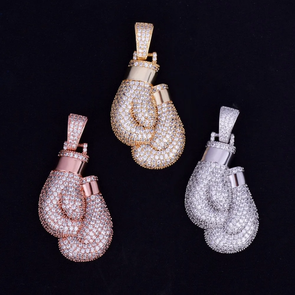 Bling Boxing Gloves Pendant Necklace& Pendant Charm Free Rope Chain Gold Color Iced Out Cubic Zircon Men's Hip hop Jewelry