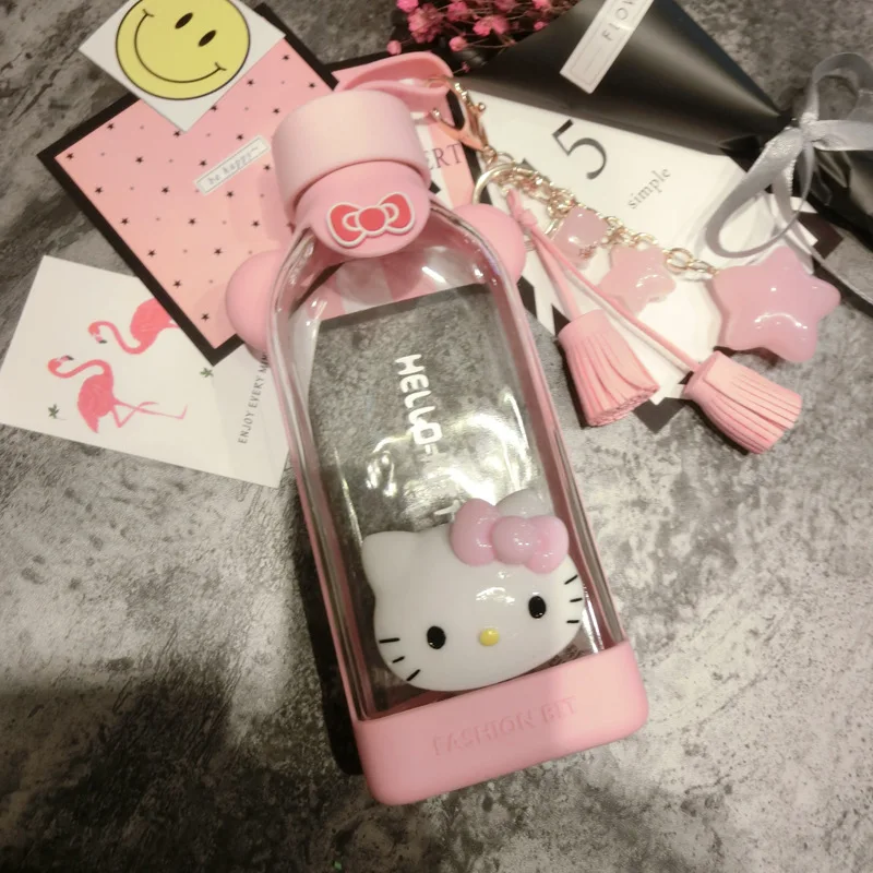 350 мл мультяшная hello kitty плоская фляга для воды мультяшная стеклянная бутылка чашка для воды Анти-обжигающая силиконовая бутылка для чая экологичная