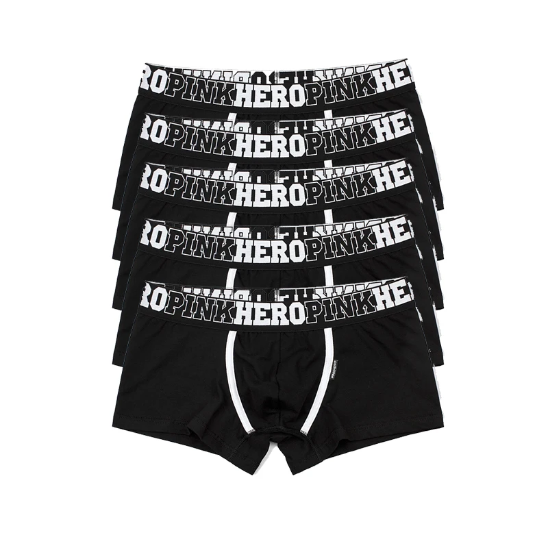 5pcs \ Лот Pink Heroes высокое Качественный хлопок нижнее белье Мужчины Боксеры Шорты классический однотонный в полоску Футболка для мальчиков трусы-шорты - Цвет: 5PC Black