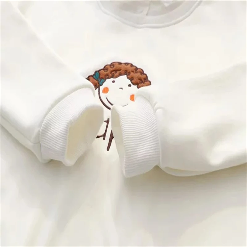 

MERRY PRETTY Women Cartoon Embroidery Turndown Collar Hoodies Sweatshirts Winter Long Sleeve Fake 2 Pieces Velvet Warm Pullovers