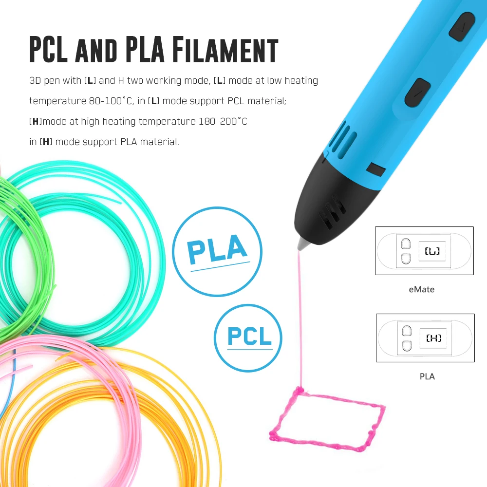 QCREATE QW01-012C универсальная 3D Ручка PLA PCL двойной режим ЖК-дисплей регулируемая температура нагрева и скорость с бесплатной 10 м нити
