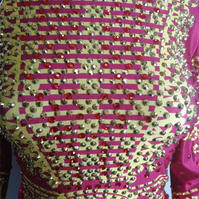 Gold red crystal Rhinestones Bodysuit Occident Bar female singer DJ DS Costume Nightclub sexy stage performance dance catsuits