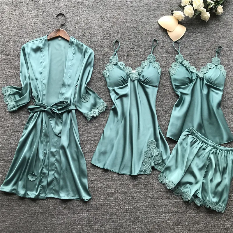 Female Flower 4PCS Kimono Robe Bathrobe Gown Sleepwear Sexy Lace Intimate Lingerie Home Clothes Summer Casual Nightwear With Bra