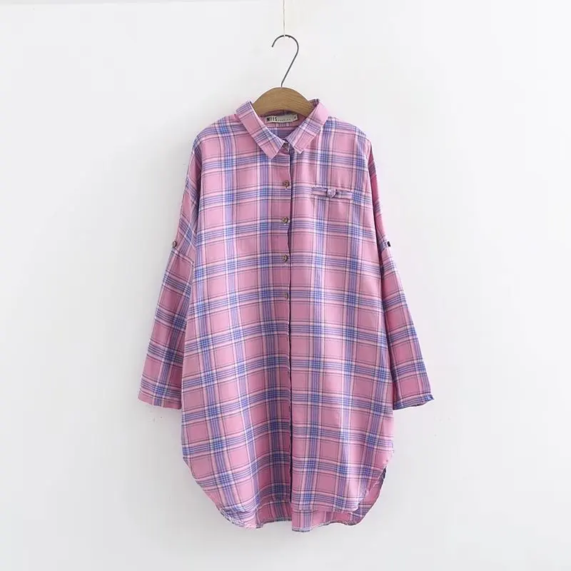 2019 spring new korean version of the fat mm200 plus fertilizer xl women plaid shirt and long sections female backing |