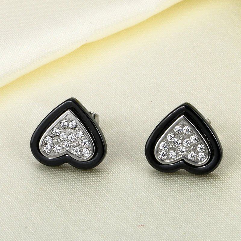 2017 New Black White Ceramic Imitation Bright Crystal Rhinestone Elegant Peach Heart Stud Earrings Steel Fashion Jewelry Women | Украшения