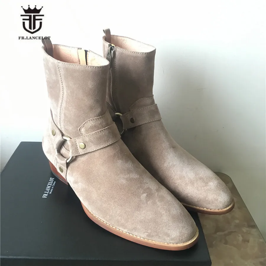 Exclusive Handmade designer real picture High Top Ankle Strap Suede Leather Men Denim Boots Wyatt Catwalk Wedge Chelsea | Обувь