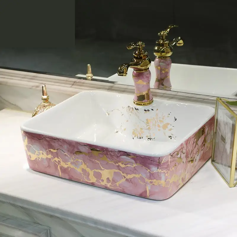 Розовый квадратный арт Lavabo ванная комната судно раковины прямоугольный Счетчик Топ умывальник расписанный вручную Керамический Умывальник Ванная раковина