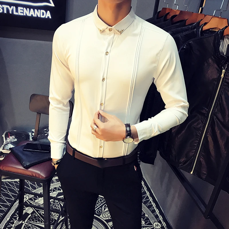 Новая мужская мода бутик металлическая декоративная однотонная Повседневная рубашка с длинными рукавами белые черные красные синие мужские тонкие рубашки