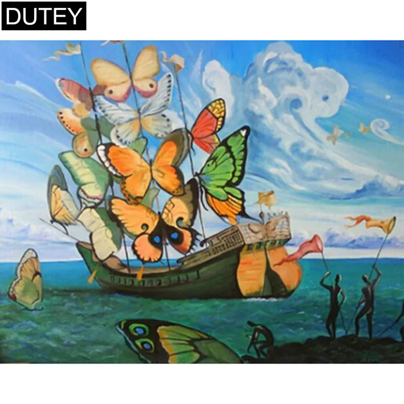 Алмазная 5D картина Лодка-бабочка полноразмерная/круглая вышивка крестиком