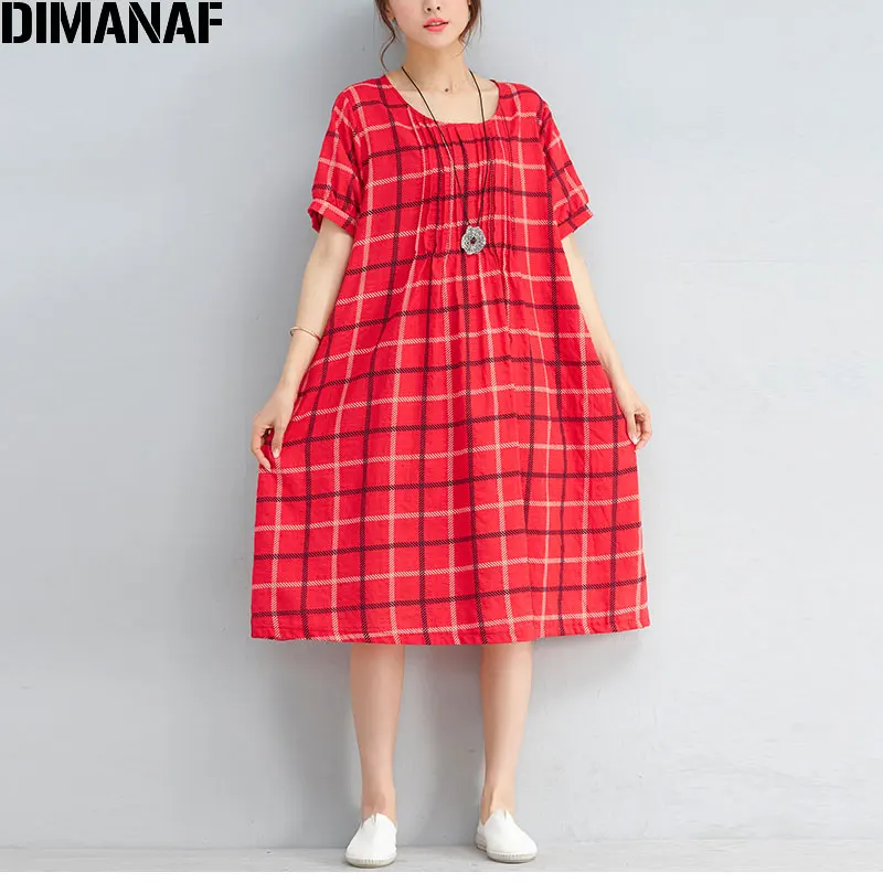 DIMANAF плюс размер 2018 летнее Женское Платье льняное клетчатое vestidos красное