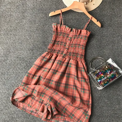 pink plaid Модный летний брючный костюм с бретельками в горошек, повседневный сексуальный комбинезон, Женский клетчатый пляжный костюм, праздничный комбинезон - Цвет: pink plaid