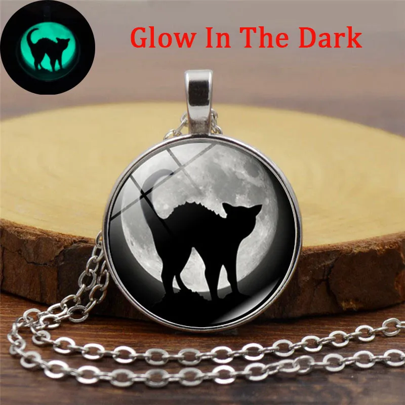 Хэллоуин светящиеся в темные украшения Черный кот стекло кабошон кулон ожерелье