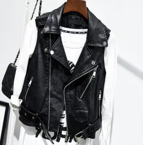 

2022 Black Womens Black Pu Leather Spring Autumn Pu Leather Vests Motorcycle Jacket Waistcoat Vest With Belt Short Veste J2982