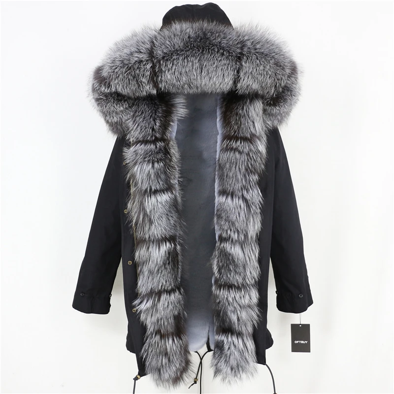 black silver OFTBUY шуба из натурального Лисьего меха, зимняя женская длинная парка, капюшон из натурального Лисьего меха, брендовые парки, Толстая теплая уличная одежда со съемным капюшоном - Цвет: black silver