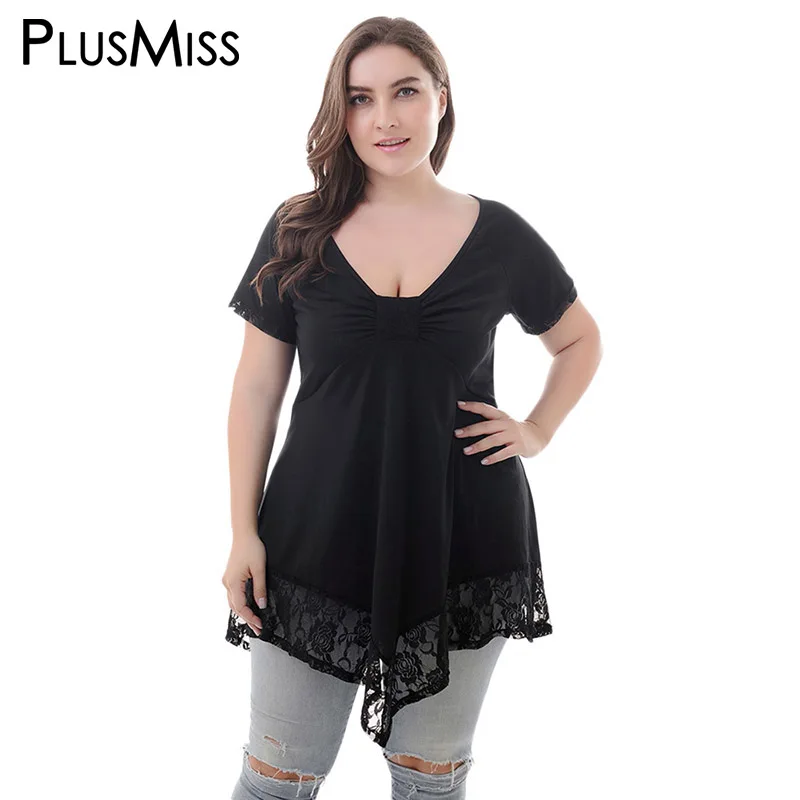 PlusMiss плюс размеры 6XL 5XL Sexy V образным вырезом вязаный крючком Длинная блузка дамы