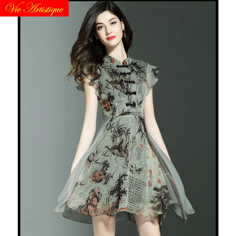 Cheongsam Шелковый цветочный ретро boho Платье Лето роковой ете 2018 Макси женские