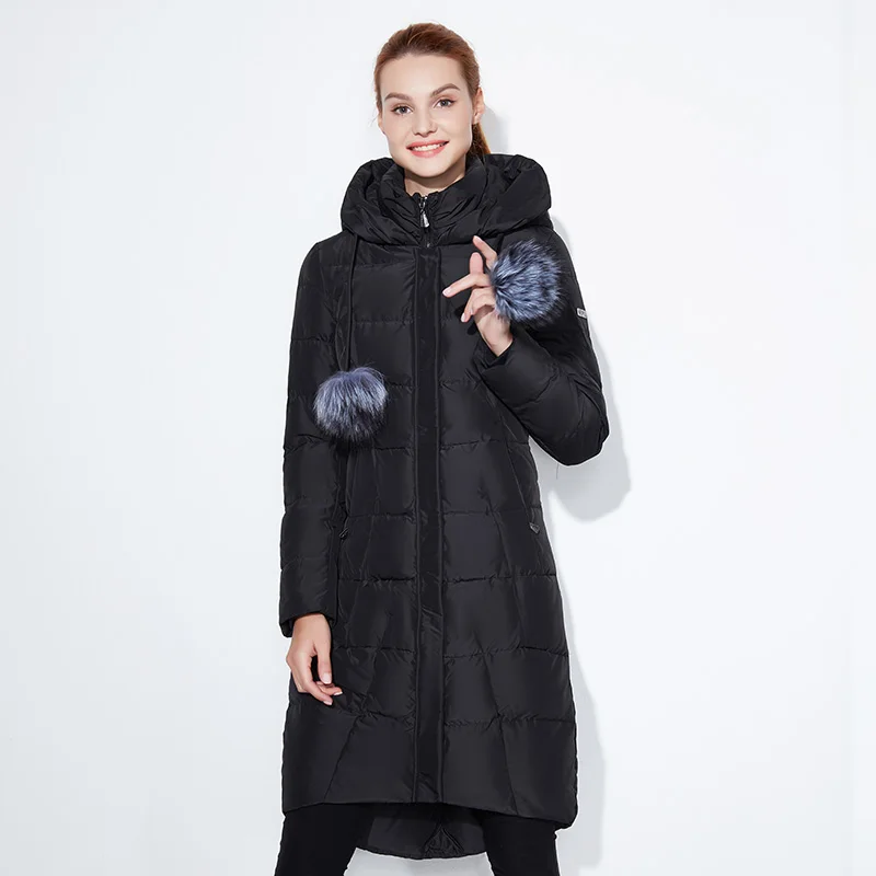 SnowClassic зима длинная куртка женщин теплый пальто мода Preppy Style outwear сплошной толстый куртка передний край лисица меховой воротник - Цвет: black