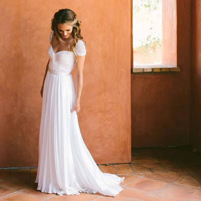 Белый Шифон Свадебные Платья Дешевые Рукава Cap Пляж Vintage Backless Летние Партии |