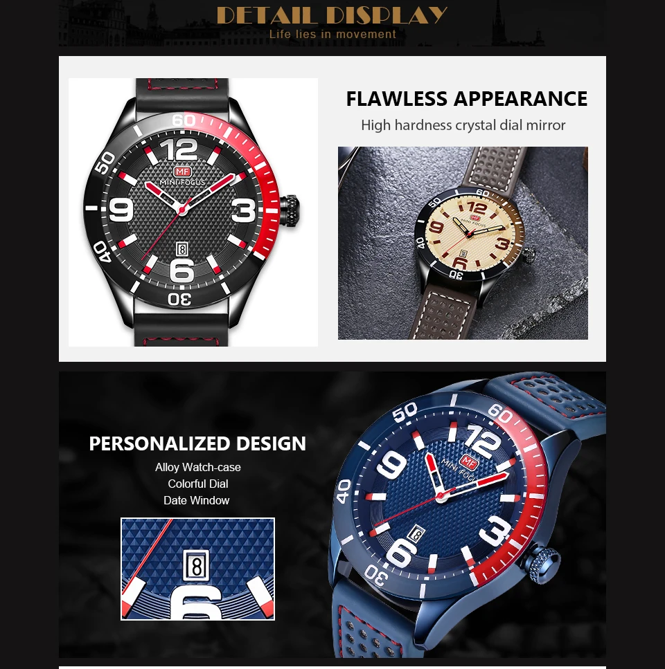 Мини фокус Военная Униформа Платье Кварцевые часы для мужчин синий кожаный