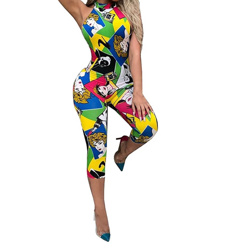 2018 Sexy Womens Skinny Jumpsuit Casual Long Pants Half Sleeve Jumpsuits Night Out Rainbow Multicolor Print | Женская одежда