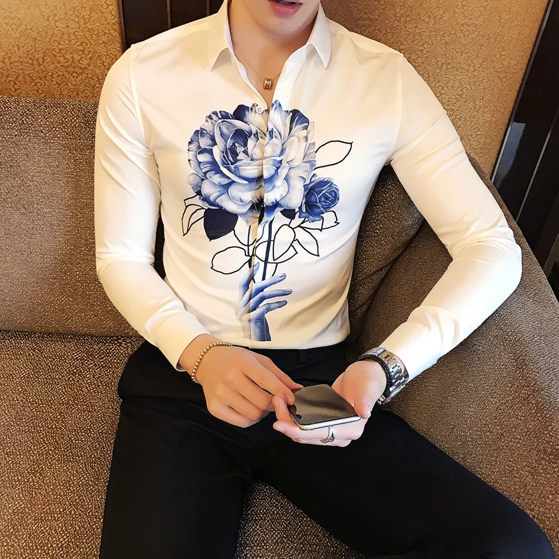 High Quality Men Shirt Korean Slim Fit Digital Print Casual Men's Social Shirts Long Sleeve Plus Size Night Club Party | Мужская