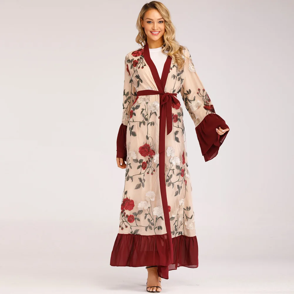 Женское платье Abayas в мусульманском стиле Кружевное платье-кафтан с вышивкой