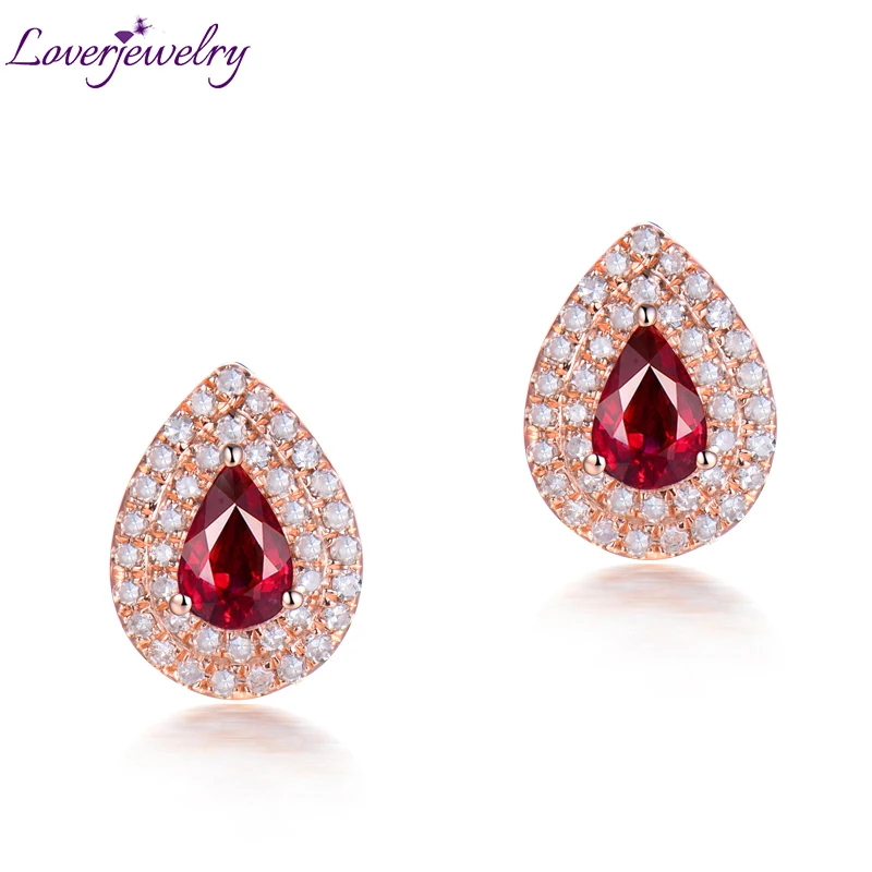 

LOVERJEWELRY Lady Stud Earrings Jewelry Natural Red Ruby 14Kt Rose Gold Pear Ruby Diamond Women Wedding Earrings Beauty Dressing