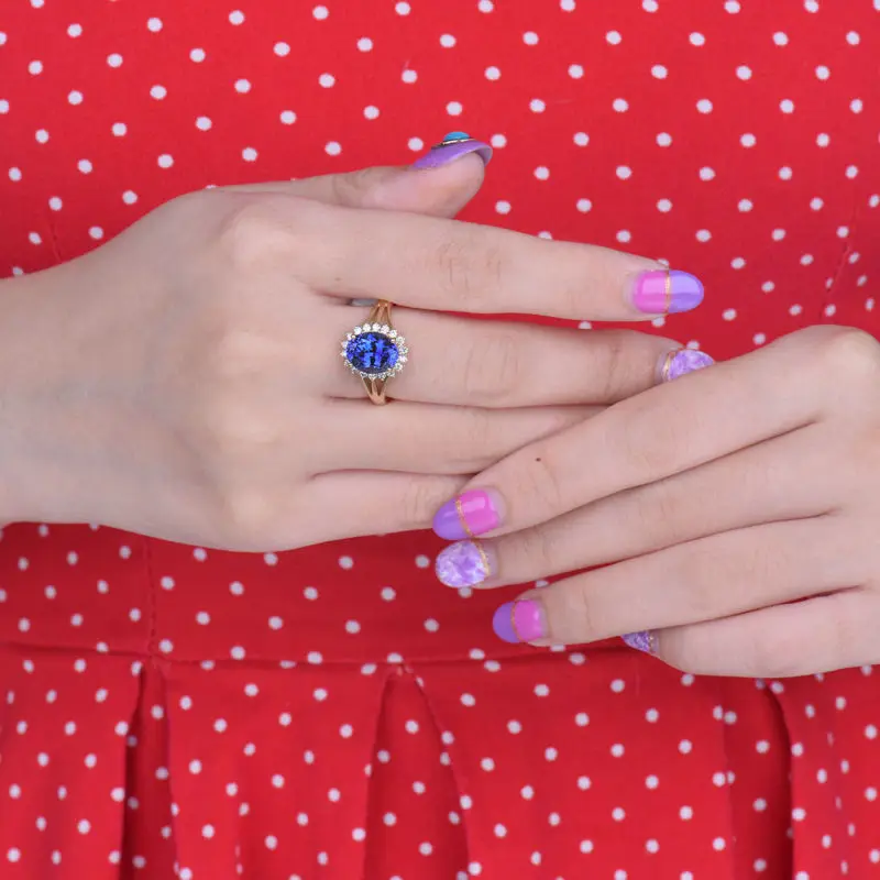 LOVERJEWELRY Винтаж овал 9x7 мм сплошной 14Kt желтого золота с бриллиантами Танзанит
