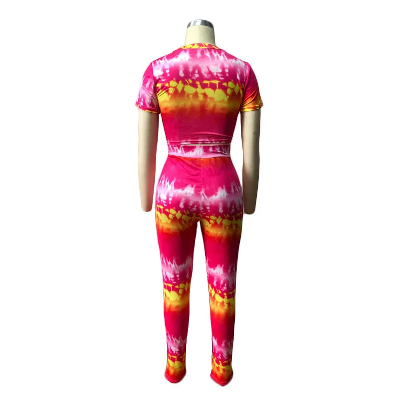 

Women's Tracksuit Tie Dye Print Two Piece Sets Summer O-Neck Short Sleeve Bow Tie Crop Top and Pants Casual Sweat Suit Sportwear