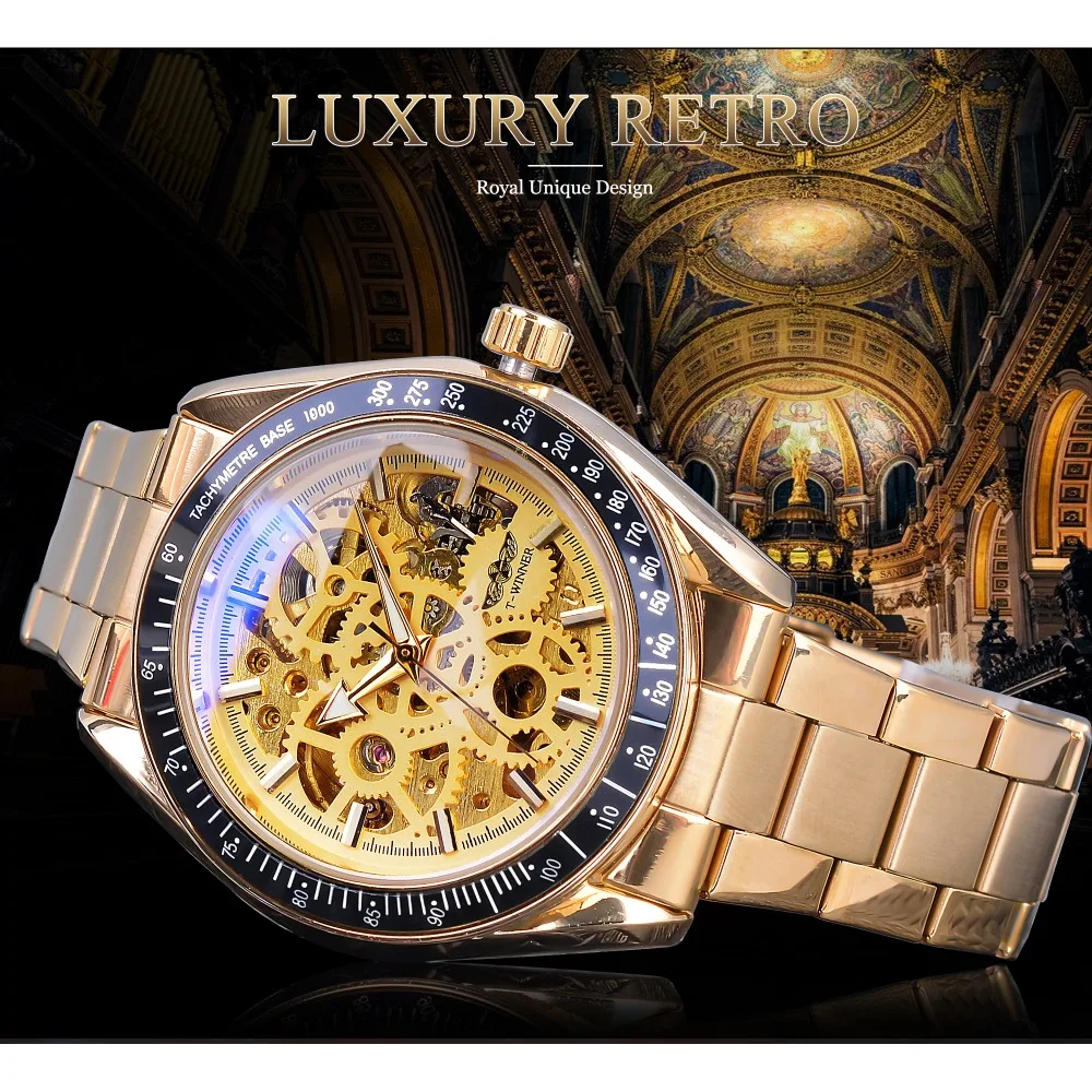 Winner 2019 Steampunk Men's Automatic Wrist Watches Top Brand Luxury Sport Clock Waterproof Golden Stainless Steel Design | Наручные