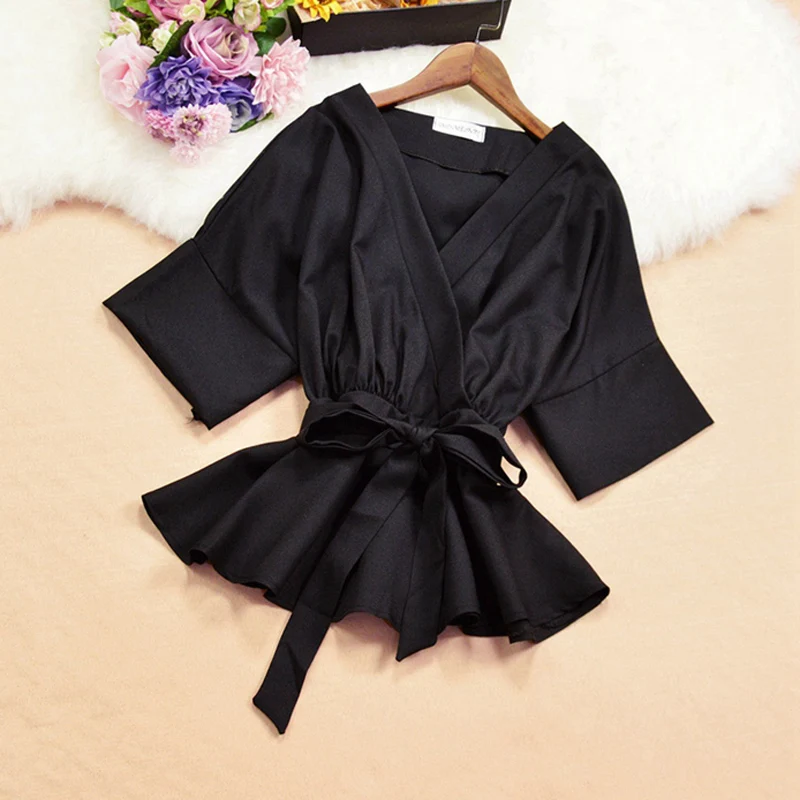 Женская блузка с баской белая шифоновая глубоким v образным вырезом кимоно